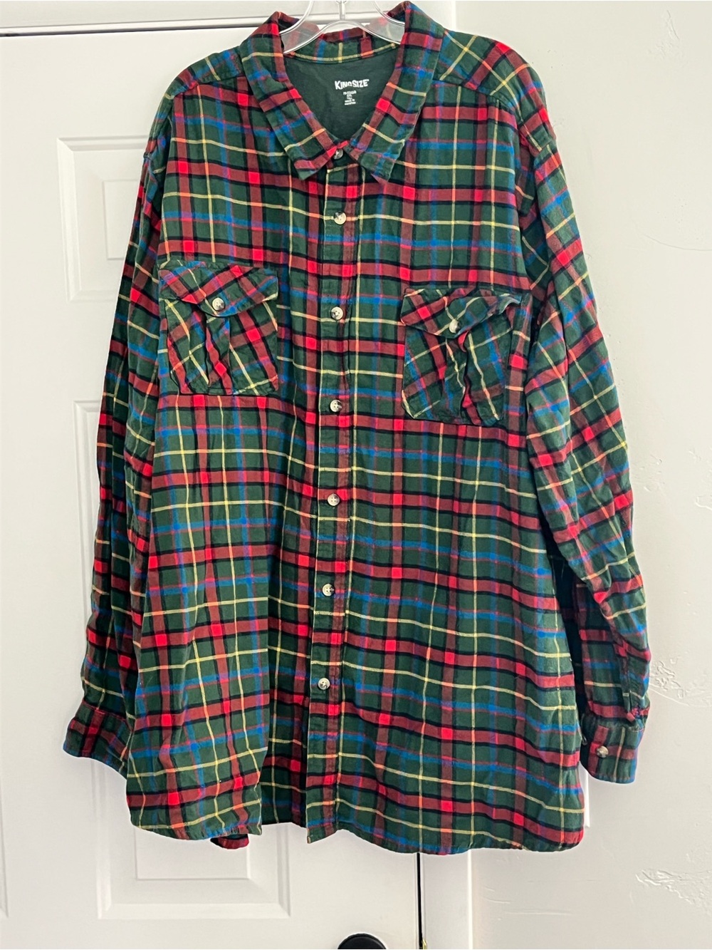 King Size Men's Green & Red Plaid Button-Down Shirt 5XL
